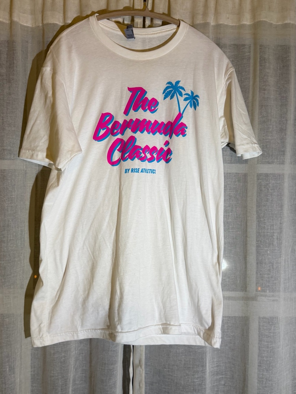 Next Level Apparel White Tee with Pink & Blue 'The Bermuda Classic' Graphic
